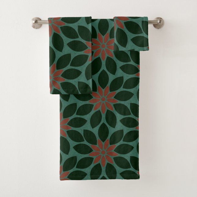 Block Print Tiled Flowers dark green red Bath Towel Set (Insitu)