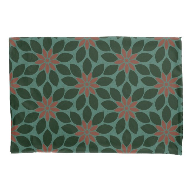 Block Print Tiled Flowers dark green red Pillow Case (Front-Left)
