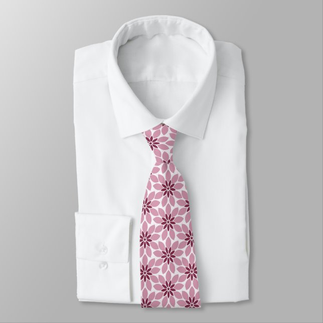 Block Print Tiled Flowers pink red Neck Tie (Tied)