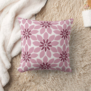 Block Print Tiled Flowers pink red Throw Pillow