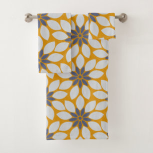 Block Print Tiled Flowers sunny yellow background Bath Towel Set