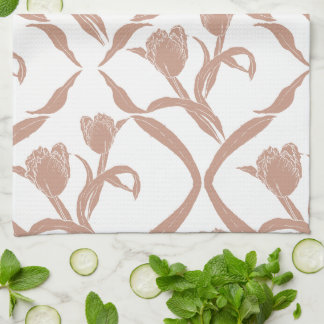 Block print tulips beige, wheat golden kitchen towel