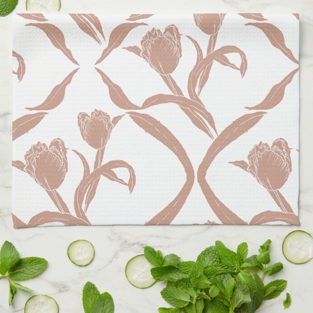 Block print tulips beige, wheat golden kitchen towel (Folded)