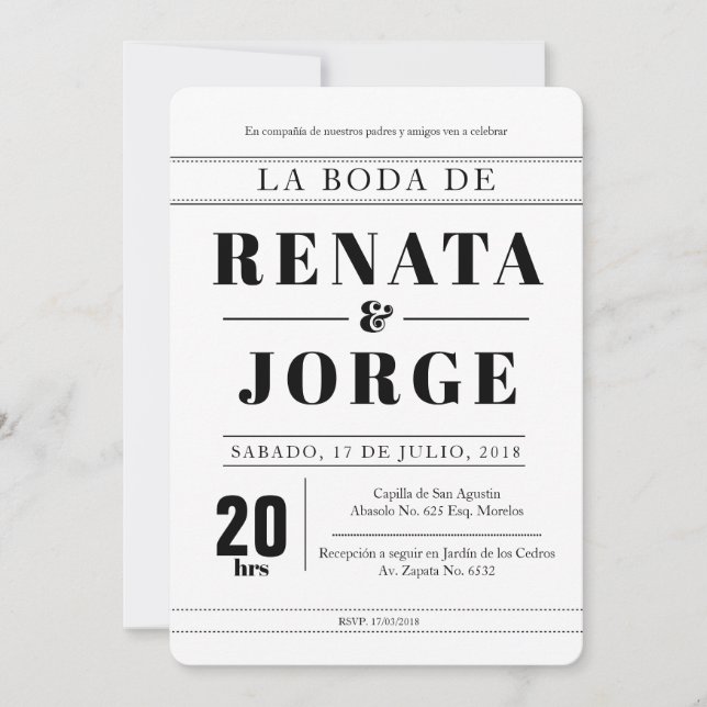 BLOCK Style Spanish Wedding Invitation (Front)