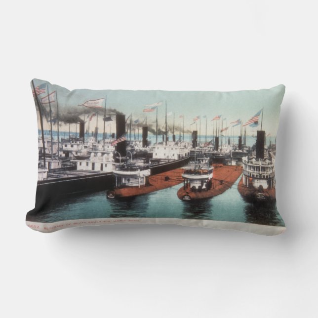 Blockade of Whalebacks at Soo Locks Great Lakes Lumbar Pillow (Front)