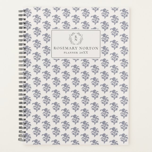 Blockprint inspired blue floral  planner (Front)