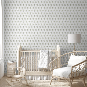 Blockprint inspired floral light green wallpaper
