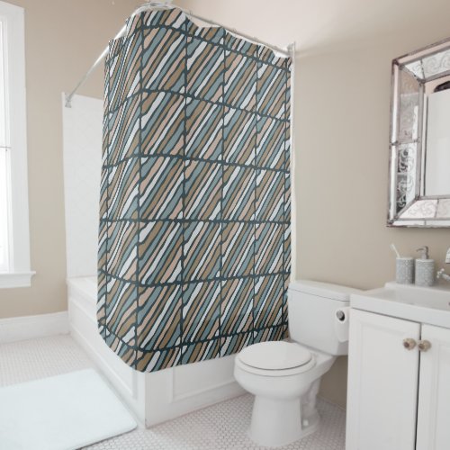 Blocks and lines navy brown and beige shower curtain
