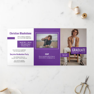 Blocks of Purple Four-Photo Graduation Tri-Fold Invitation
