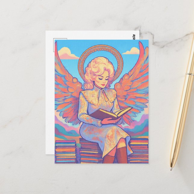  Blond Angel Woman Sitting on Books Reading a Book Postcard (Front/Back In Situ)
