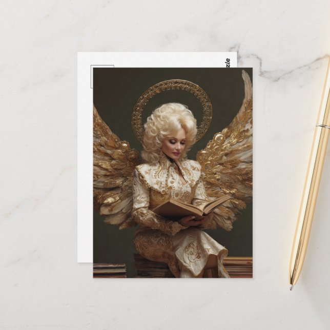  Blond Angel Woman Sitting on Books Reading a Book Postcard (Front/Back In Situ)