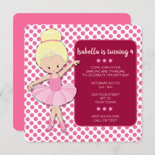 Blond Ballerina Birthday Party  Invitation