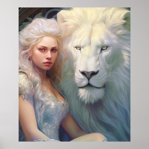 Blond Beauty and Majestic Lion A Captivating Duo Poster