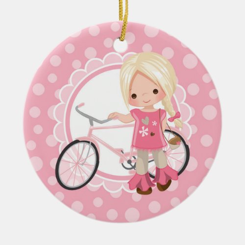Blond Bicycle Girl _ Pink White Ceramic Ornament