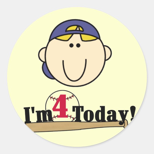 Blond  Boy Baseball 4th Birthday Classic Round Sticker (Front)
