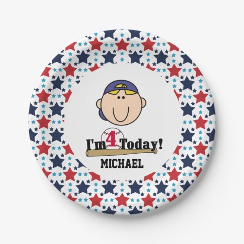 Blond Boy Baseball 4th Birthday Paper Plates