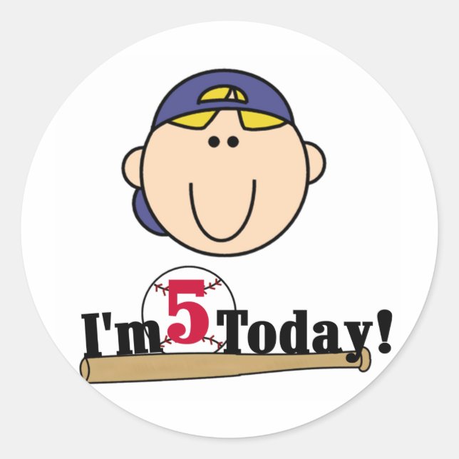 Blond Boy Baseball 5th Birthday Classic Round Sticker (Front)