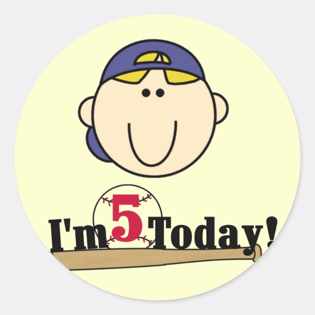 Blond Boy Baseball 5th Birthday Classic Round Sticker (Front)