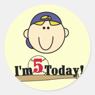 Blond Boy Baseball 5th Birthday Classic Round Sticker