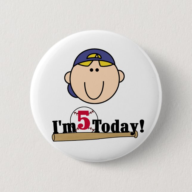 Blond Boy Baseball 5th Birthday Pinback Button (Front)