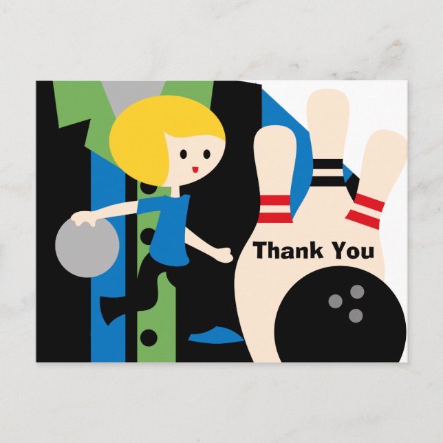 Blond Boy Bowling Birthday Thank You Postcard (Front)