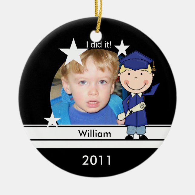 Blond Boy Graduate Customized Photo Keepsake Ceramic Ornament (Front)