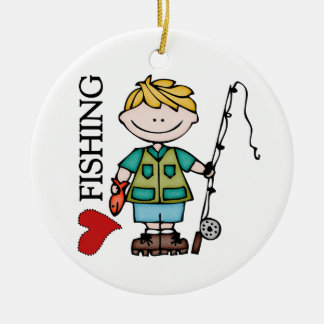 Blond Boy I Love Fishing Ceramic Ornament
