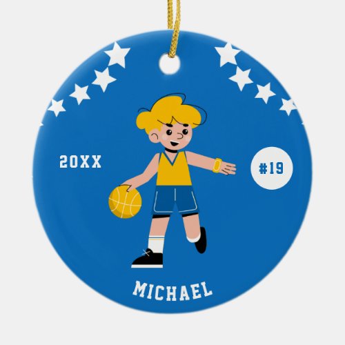Blond Boy Kid Basketball Player Name Number  Year Ceramic Ornament