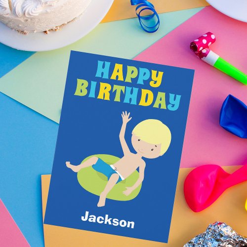 Blond Boy Swimmer Custom Kids Happy Birthday Card