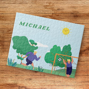 Blond Boys Soccer Players Illustration Kids Name Jigsaw Puzzle