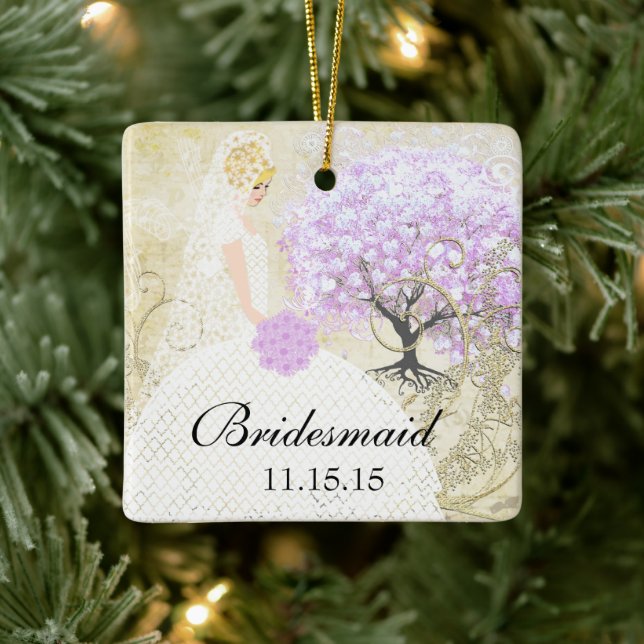 Blond Bridesmaid Gifts Lavender Heart Leaf Tree Ceramic Ornament (Tree)