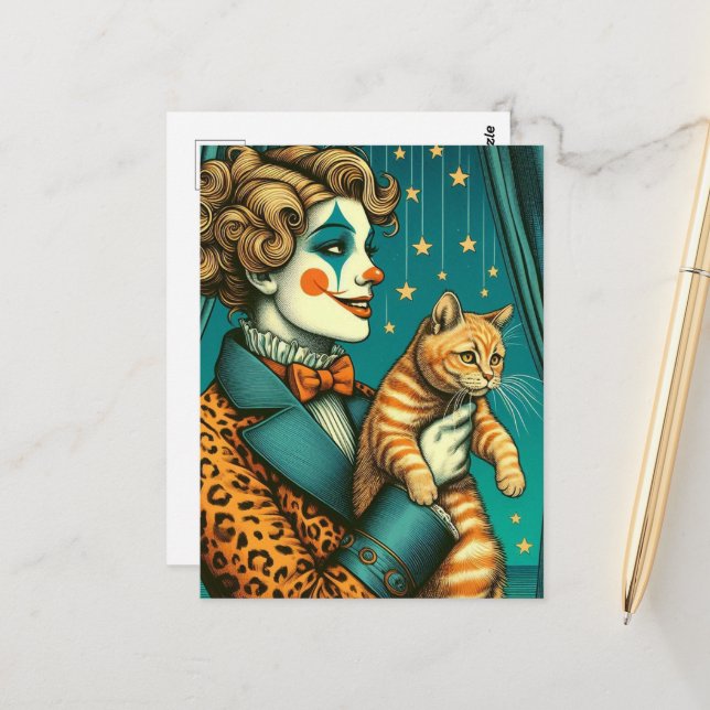Blond Circus Clown and a Ginger Kitty Postcard (Front/Back In Situ)
