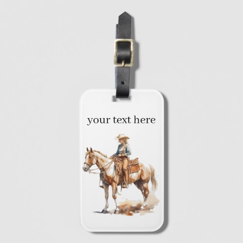 blond cowgirl riding a brown horse customizable luggage tag