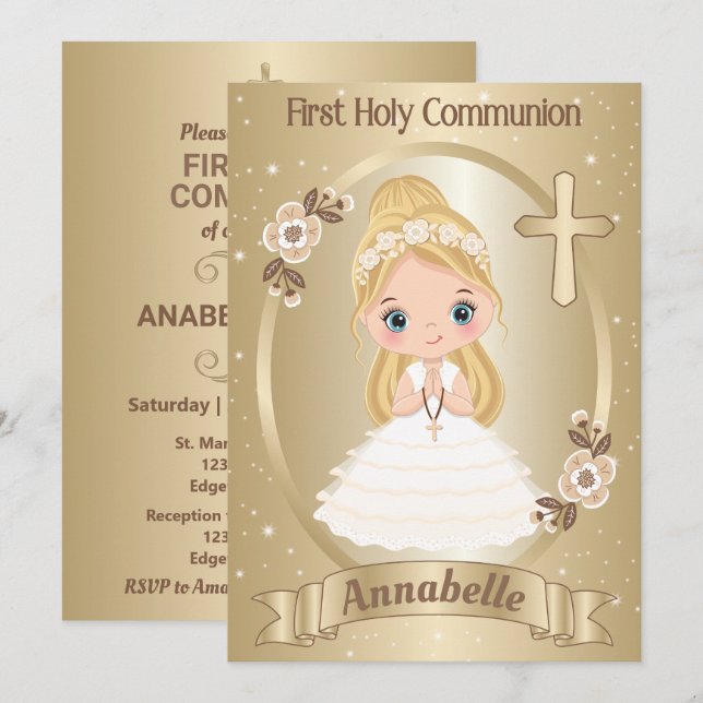 Blond Cute Girl First Holy Communion Invitation (Front/Back)