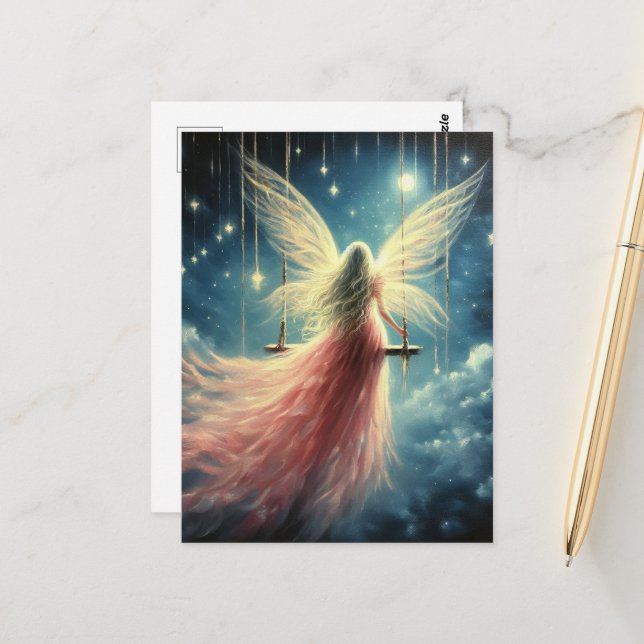 Blond Fairy on a Swing in a Pink Dress Postcard (Front/Back In Situ)