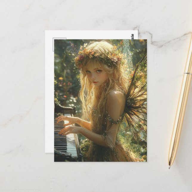 Blond Fairy Playing Piano Postcard (Front/Back In Situ)