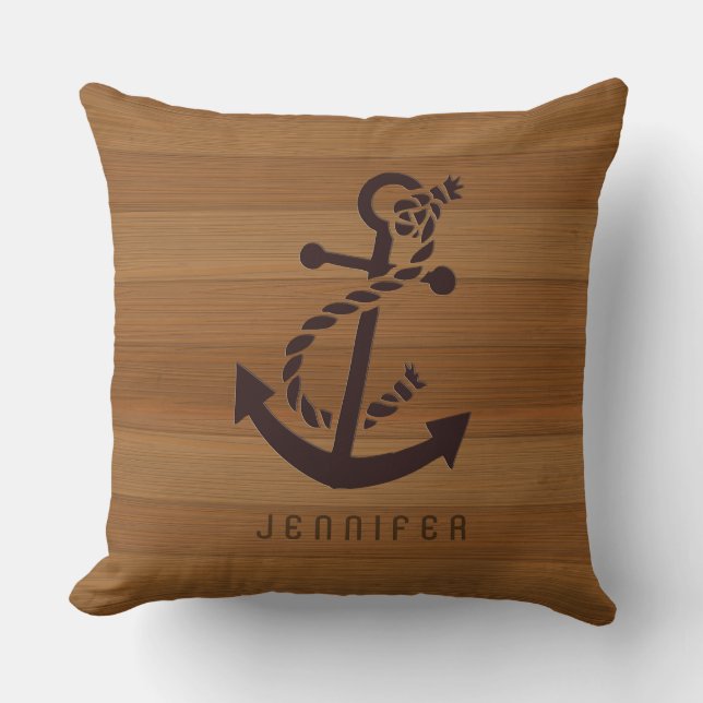 Blond Faux Wood & Brown Nautical Anchor Throw Pillow (Front)