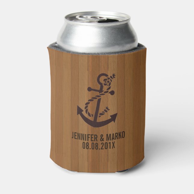 Blond Faux Wood Stripes Nautical Anchor Can Cooler (Can Back)
