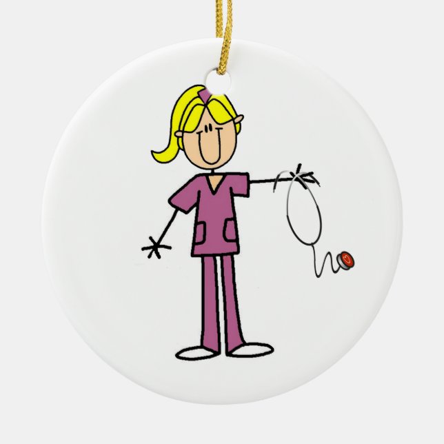 Blond Female Stick Figure Nurse Ceramic Ornament (Front)