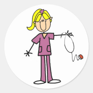 Blond Female Stick Figure Nurse Classic Round Sticker