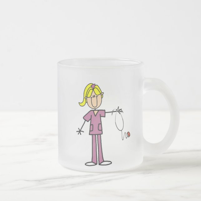 Blond Female Stick Figure Nurse Frosted Glass Coffee Mug (Right)