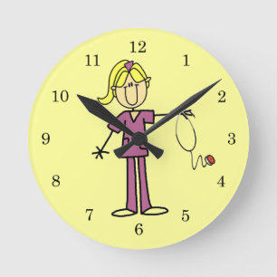 Blond Female Stick Figure Nurse Round Clock
