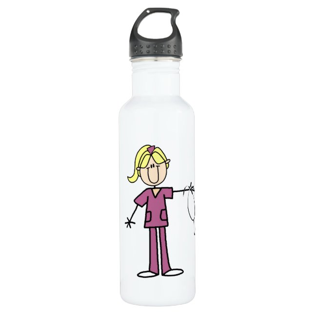 Blond Female Stick Figure Nurse Stainless Steel Water Bottle (Front)