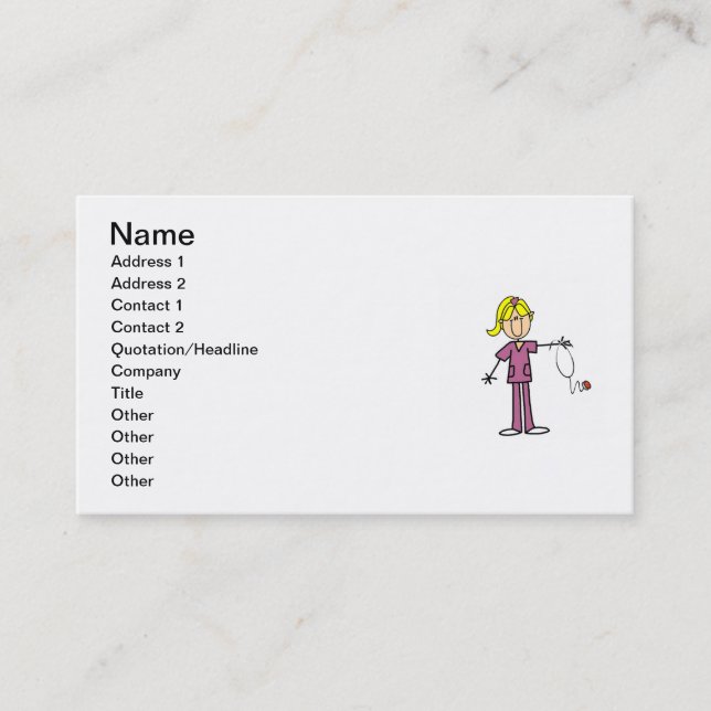 Blond Female Stick Figure Nurse T-shirts Business Card (Front)