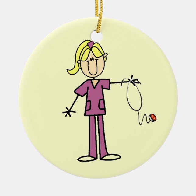 Blond Female Stick Figure Nurse T-shirts Ceramic Ornament (Front)