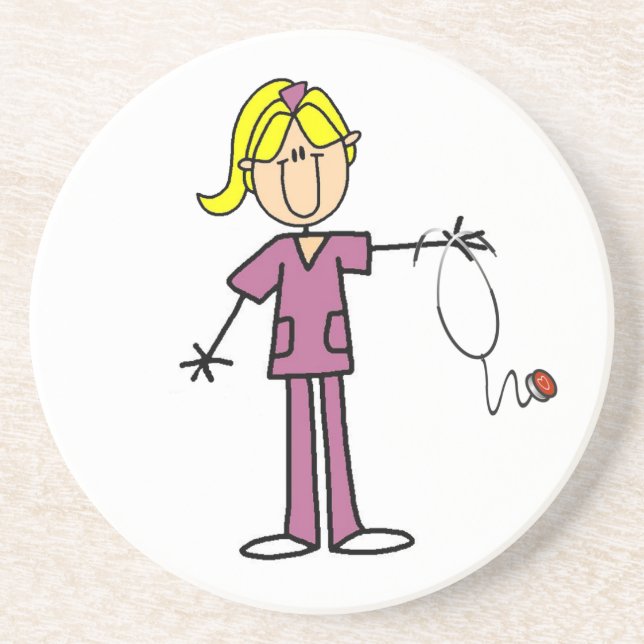 Blond Female Stick Figure Nurse T-shirts Sandstone Coaster (Front)