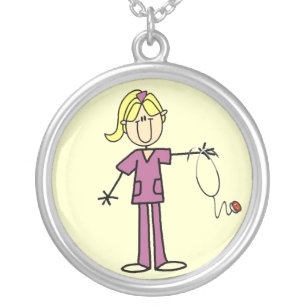 Blond Female Stick Figure Nurse T-shirts Silver Plated Necklace