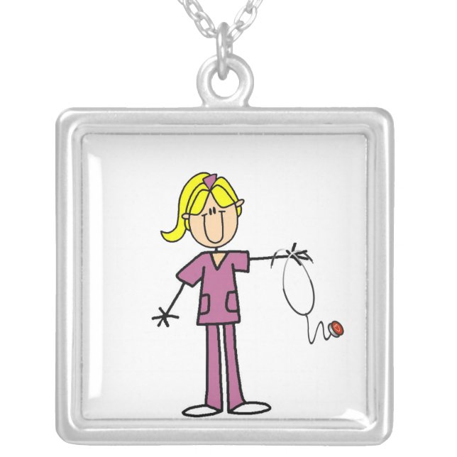 Blond Female Stick Figure Nurse T-shirts Silver Plated Necklace (Front)