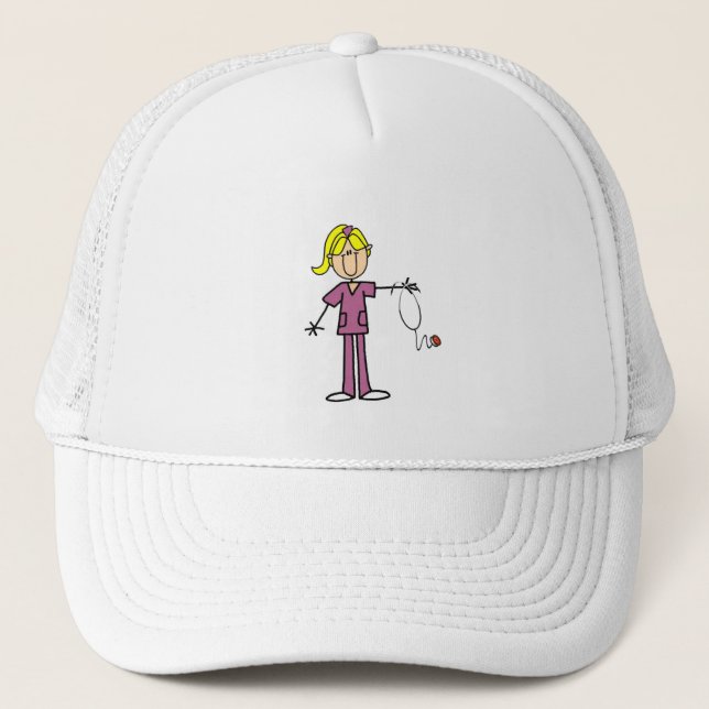 Blond Female Stick Figure Nurse T-shirts Trucker Hat (Front)