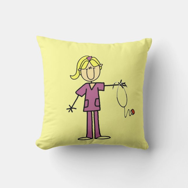 Blond Female Stick Figure Nurse Throw Pillow (Front)